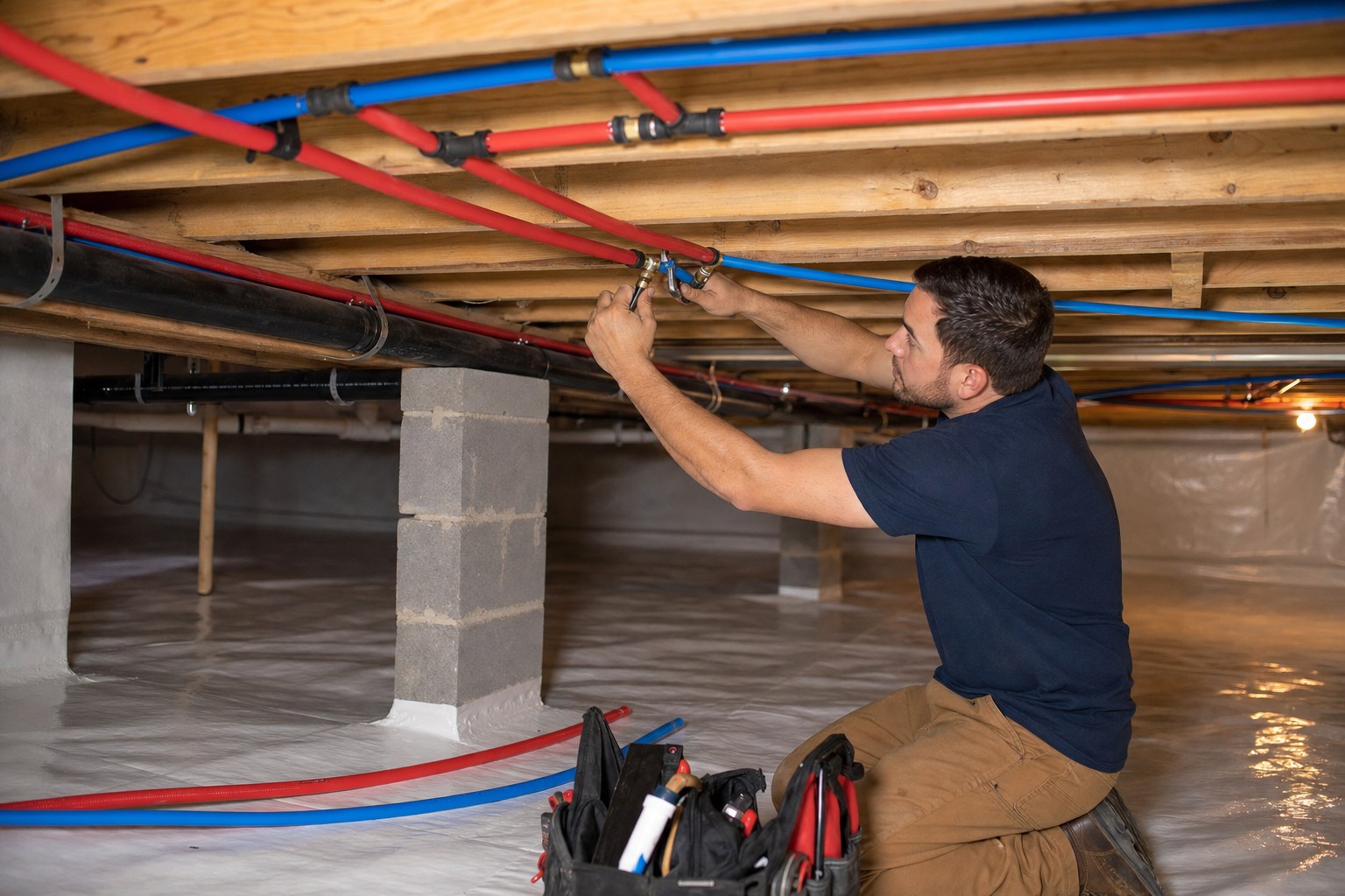 Plumber installing organized PEX plumbing lines in a crawl space