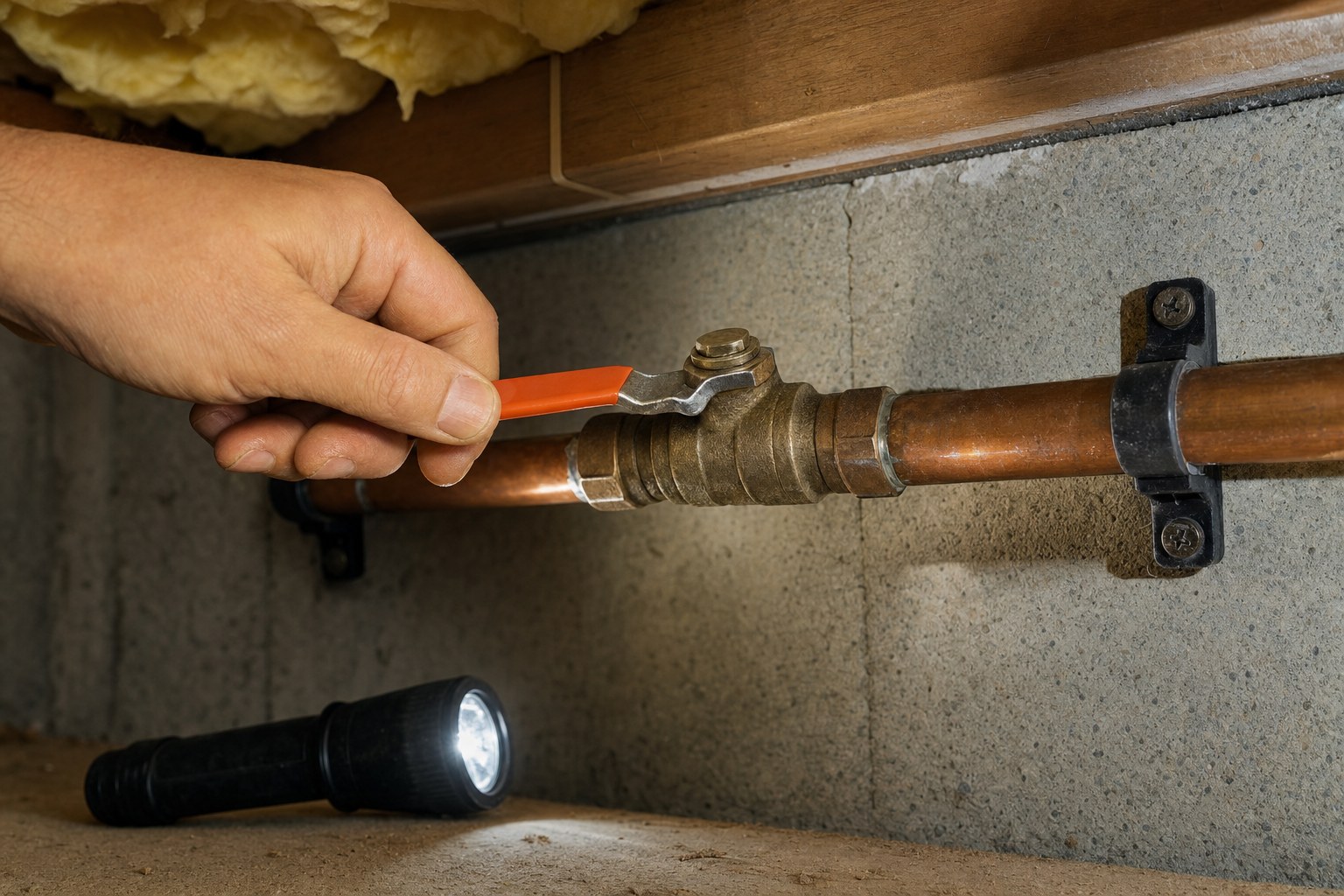 A hand turning a residential water shutoff valve