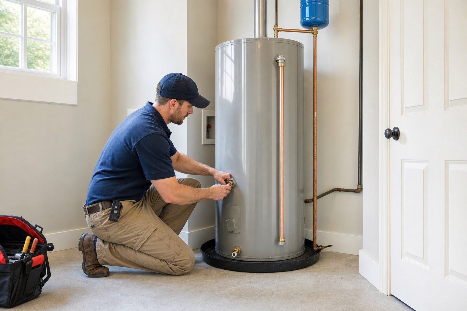 Plumber checking a newly installed tank water heater