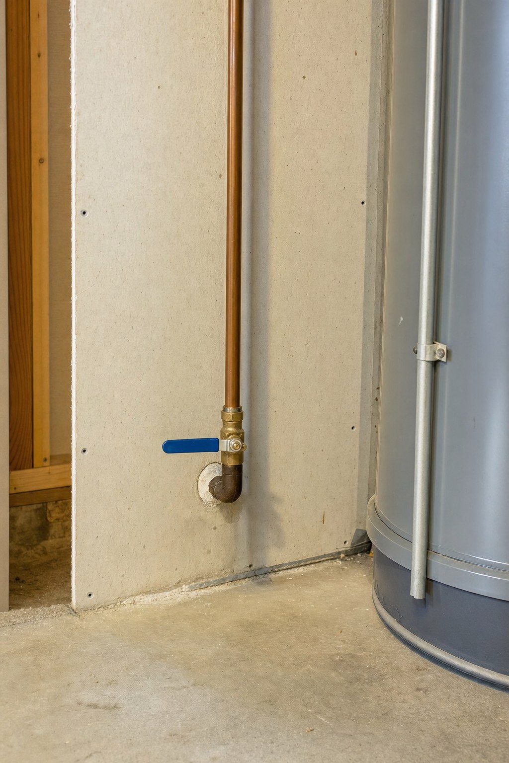 Main water shutoff valve low on a basement wall near a water heater