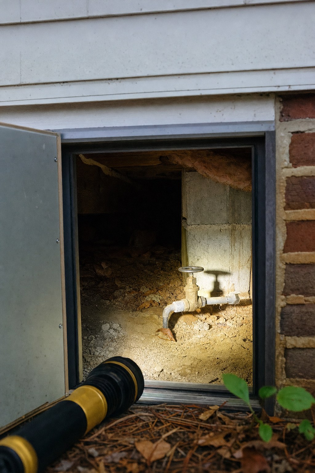 Crawl space door with a flashlight shining on a main water valve