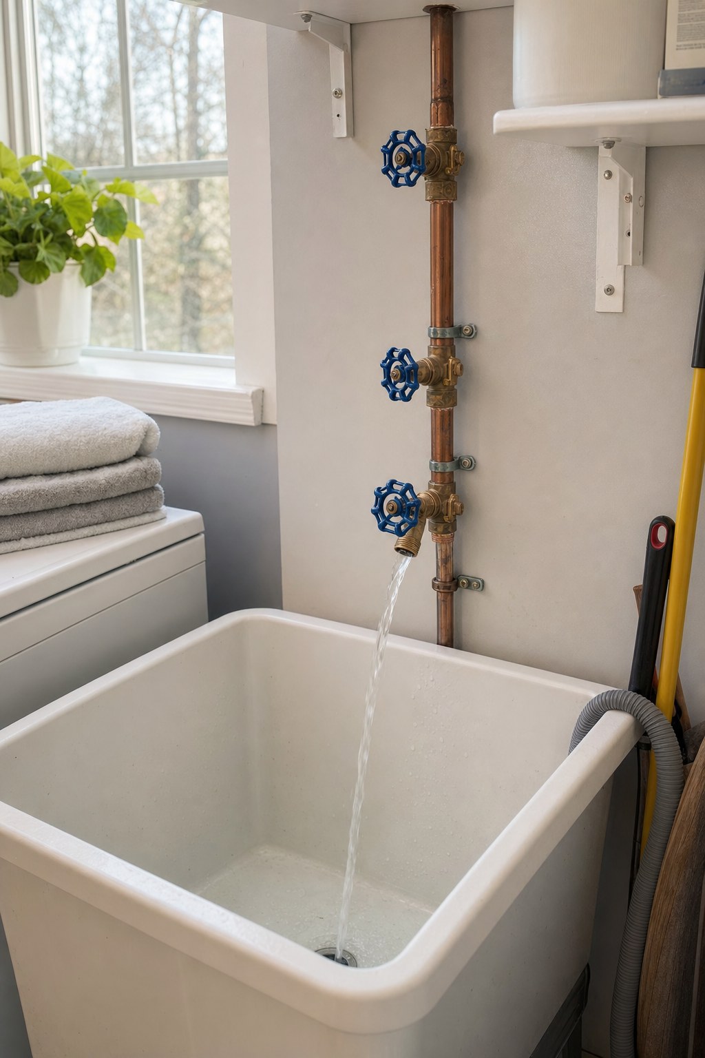 Open faucet draining into a laundry sink