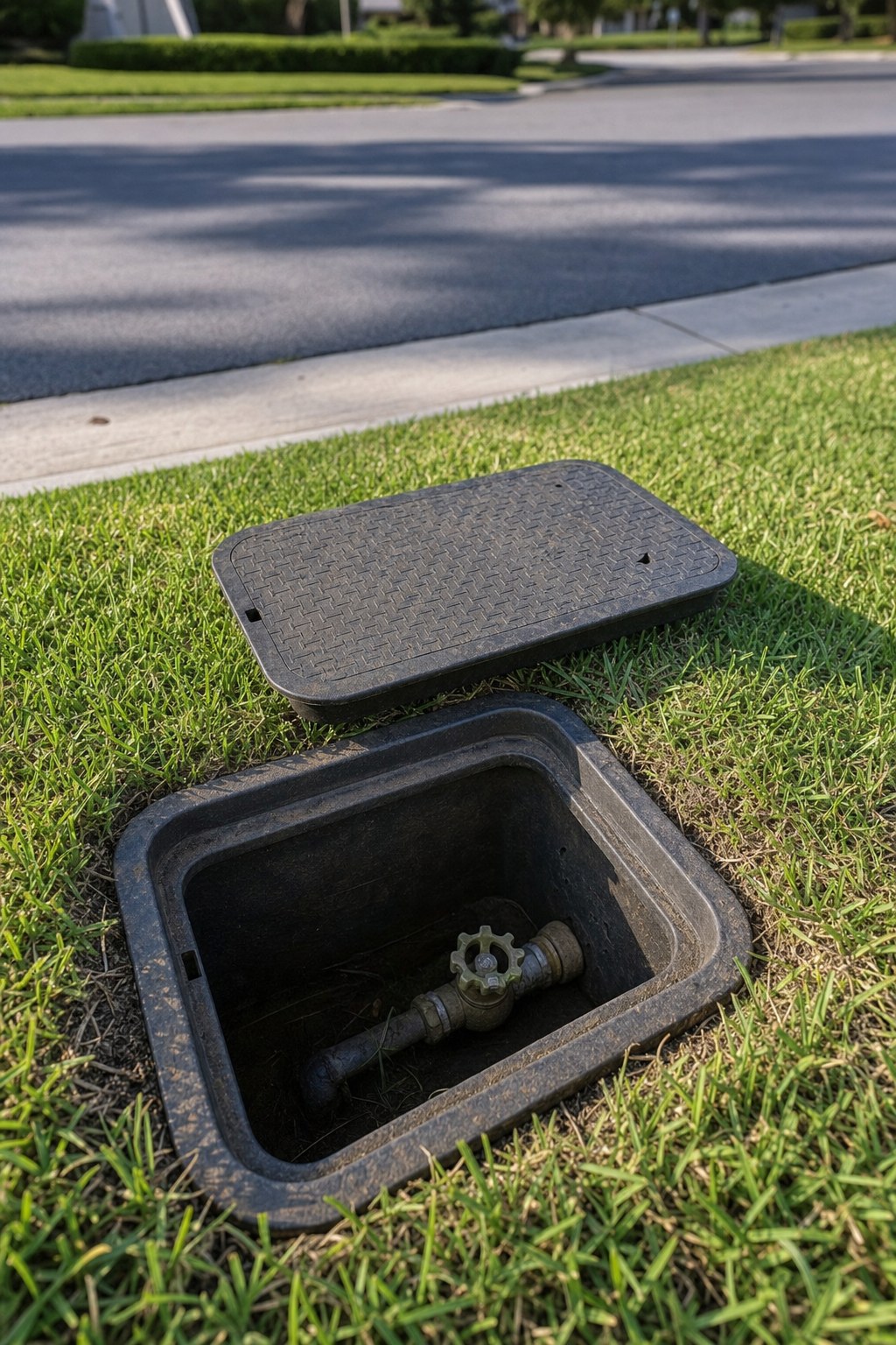 Residential water meter box near a street