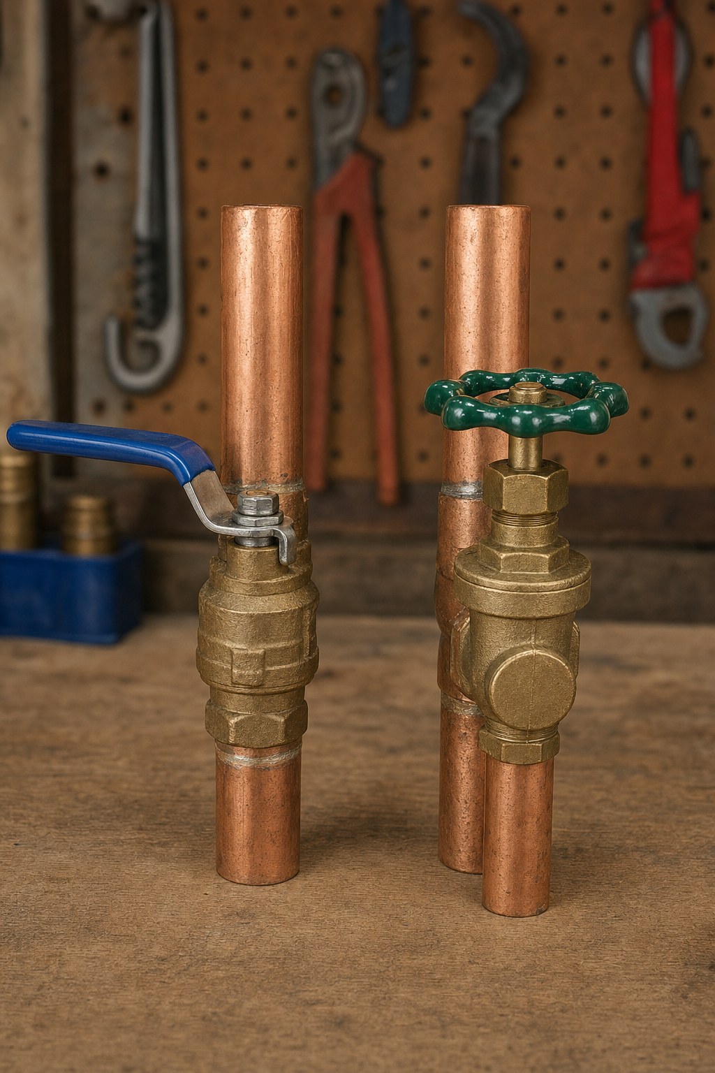 A quarter-turn lever valve next to a round wheel shutoff valve