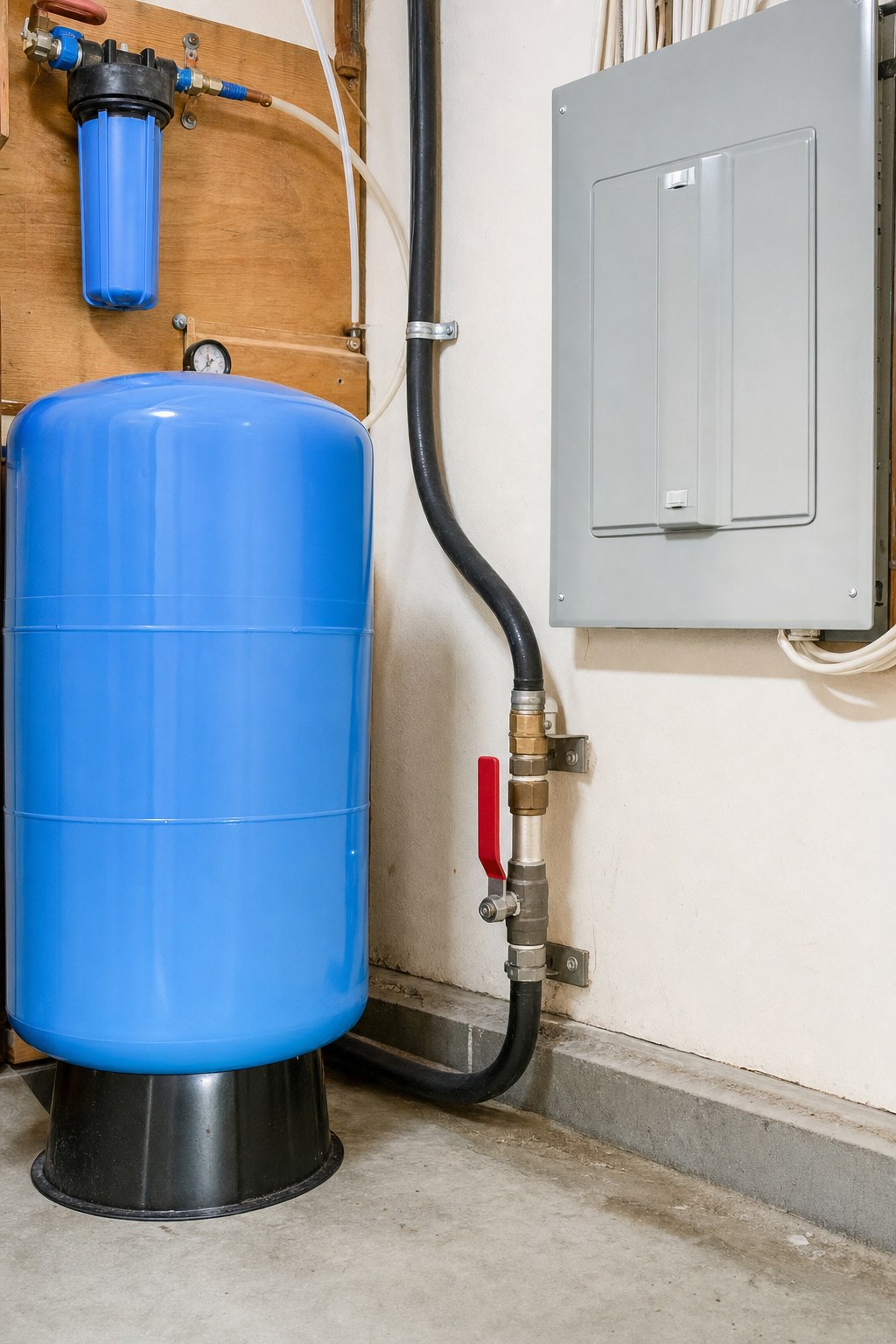 Well pressure tank with adjacent shutoff valve